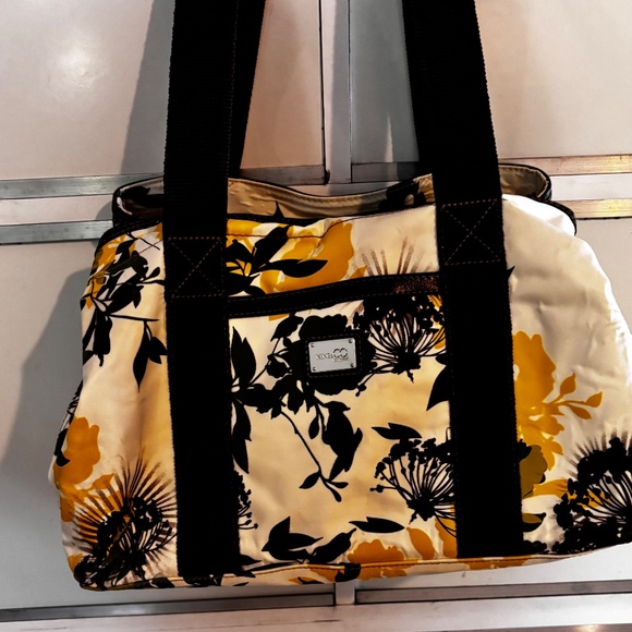NINE CO Nylon Handbag White Florals Brown Straps Zip & Snap Closure - Picture 6 of 16